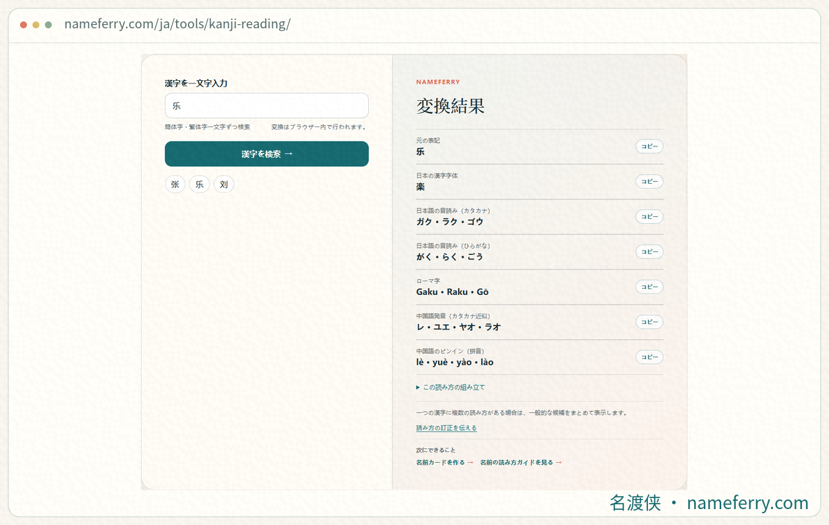 NameFerryの漢字検索画面と「乐」の複数の読み